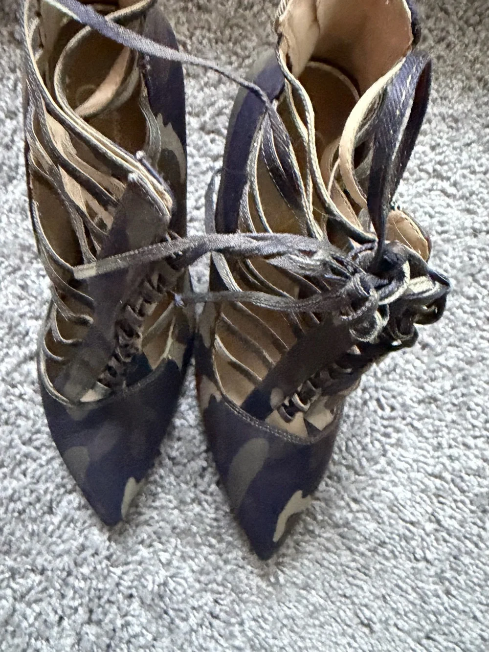 Jessica Simpson Camouflage Lace-Up Stiletto Heels in Olive & Black